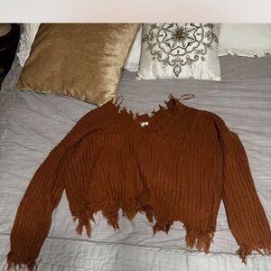Miracle Rust V-Neck Fringed Sweater